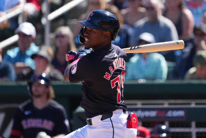 Mar 2, 2024; Goodyear, Arizona, USA; Cleveland Guardians second baseman Angel Martínez (79) bats against the Kansas City Royals during the first inning at Goodyear Ballpark.
